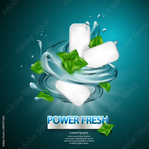 mint flavor gum ad with leaf and water splash element,on light blue background, 3d illustration