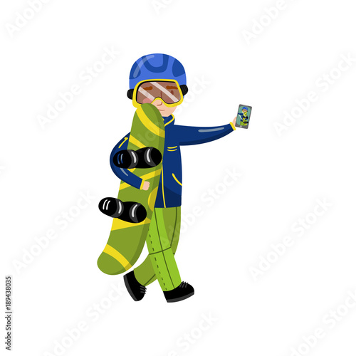 Boy with snowboard making selfie photo cartoon vector Illustration