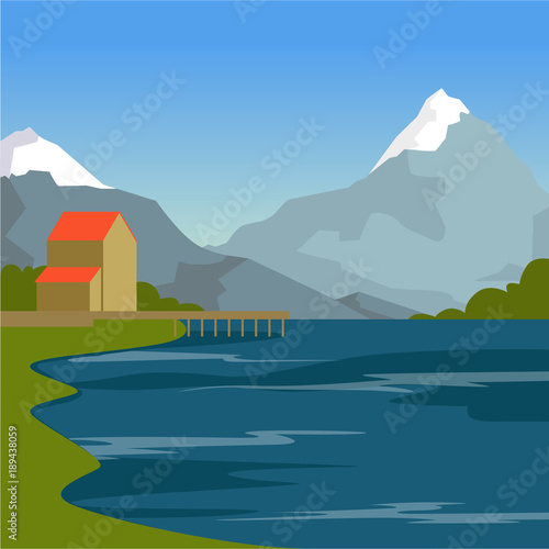 Fototapeta Naklejka Na Ścianę i Meble -  Mountain river, house and mountains, summer landscape, nature background vector illustration