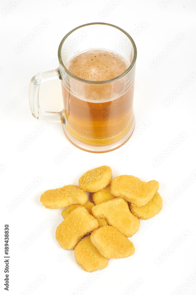 Chicken nuggets and beer isolated on white background Chicken nuggets and beer isolated on white background