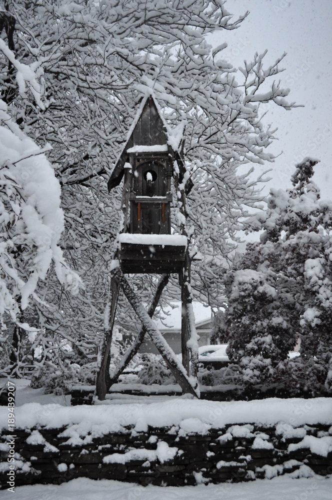 Crane and Heron Wood Birdhouse in the Snow Crane and Heron Wood Birdhouse in the Snow