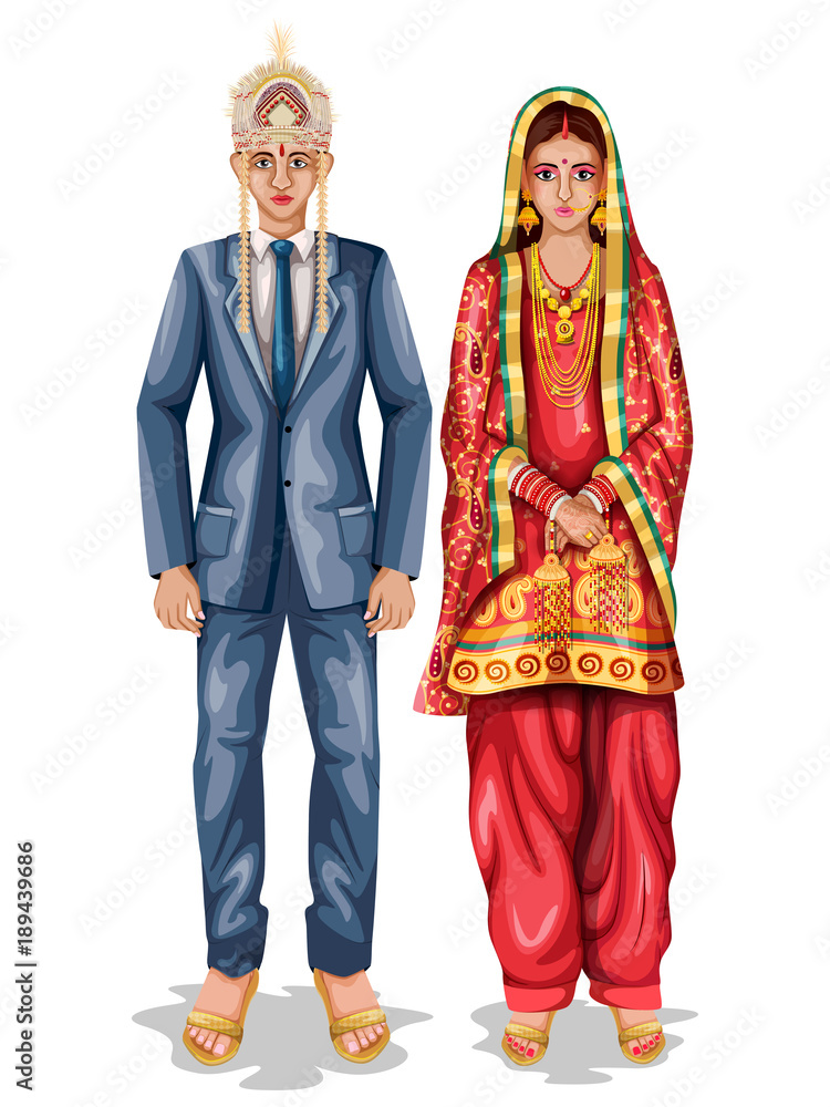 Himachali wedding couple in traditional costume of Himachal Pradesh, India