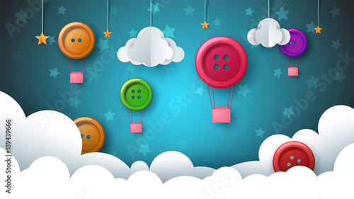 Paper landscape illustration. Air balloon, sewing button, cloud, star sky Vector eps 10