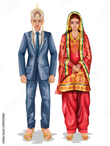 Himachali wedding couple in traditional costume of Himachal Pradesh, India