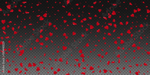 3d hearts valentine background. Wide scatter on transparent grid dark background. 3d hearts valentines day fabulous design. Vector illustration.