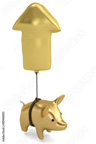 Gold piggy with arrow balloon white background.3D illustration.