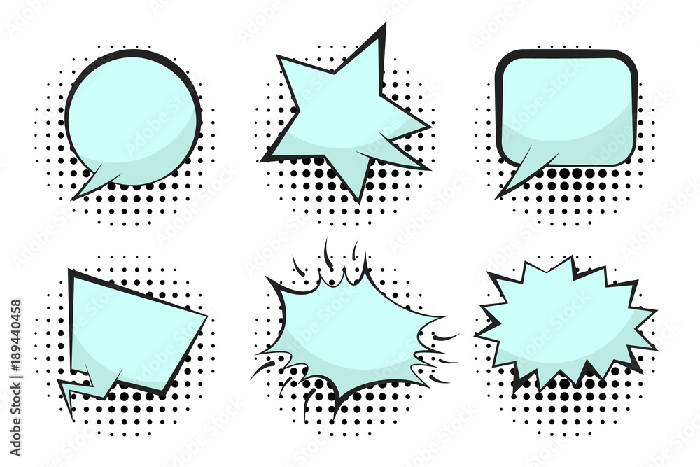 Set of blue empty retro comic speech bubbles with flat blue and black ...