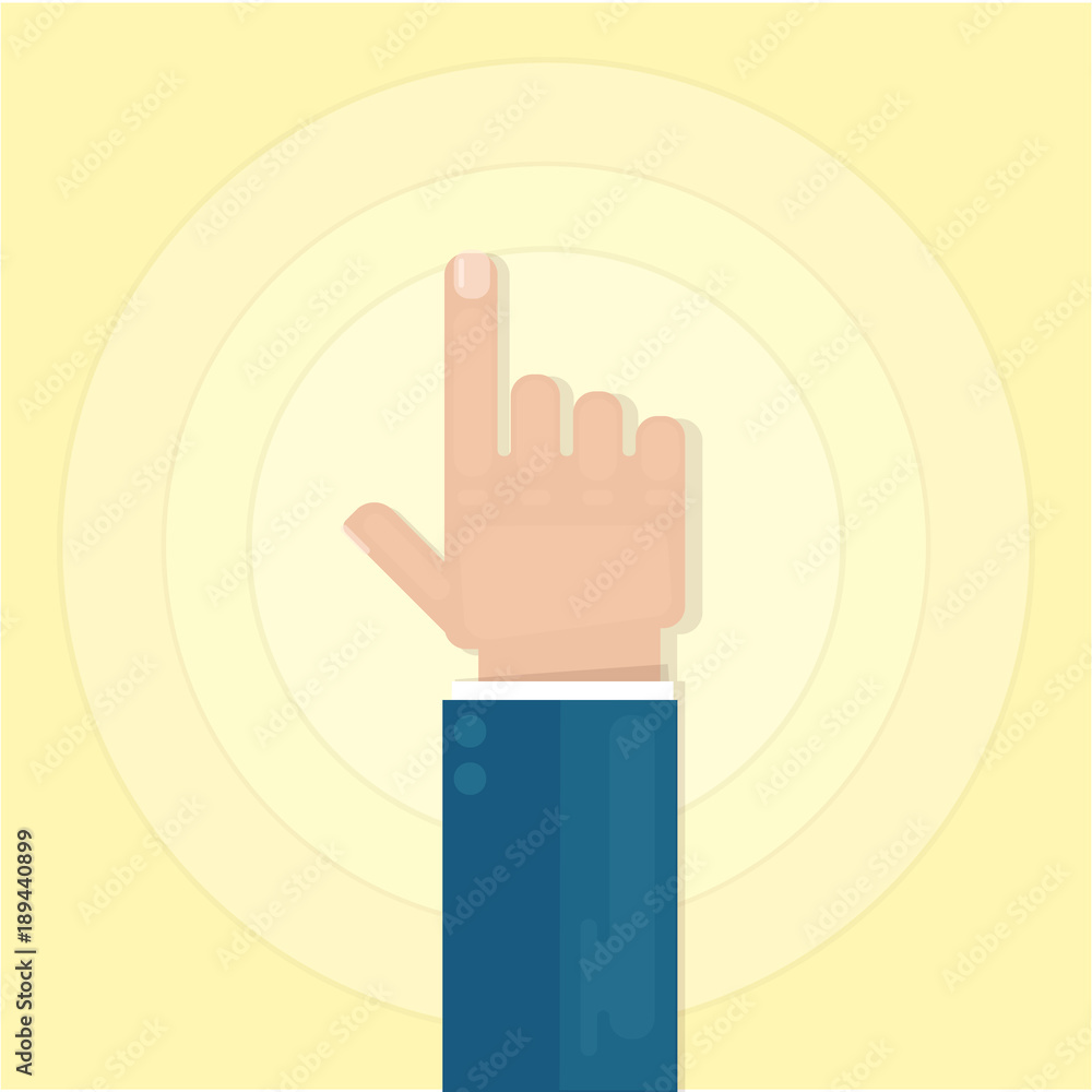The hand points to something. Index finger. Image of a hand, business concept. Vector image of a hand on a yellow background The hand points to something. Index finger. Image of a hand, business concept. Vector image of a hand on a yellow background