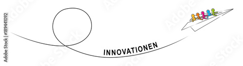 INNOVATIONEN – Eine Gruppe Strichmännchen fliegt im Papierflieger aufwärts