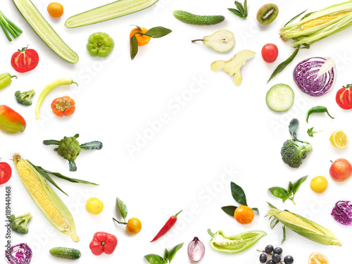 Various vegetables and fruits isolated on white background, top view, flat layout. Concept of healthy eating, food background. Frame of vegetables with space for text. 