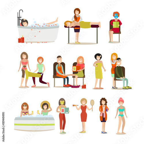 Group of people enjoying spa procedures vector flat icon set