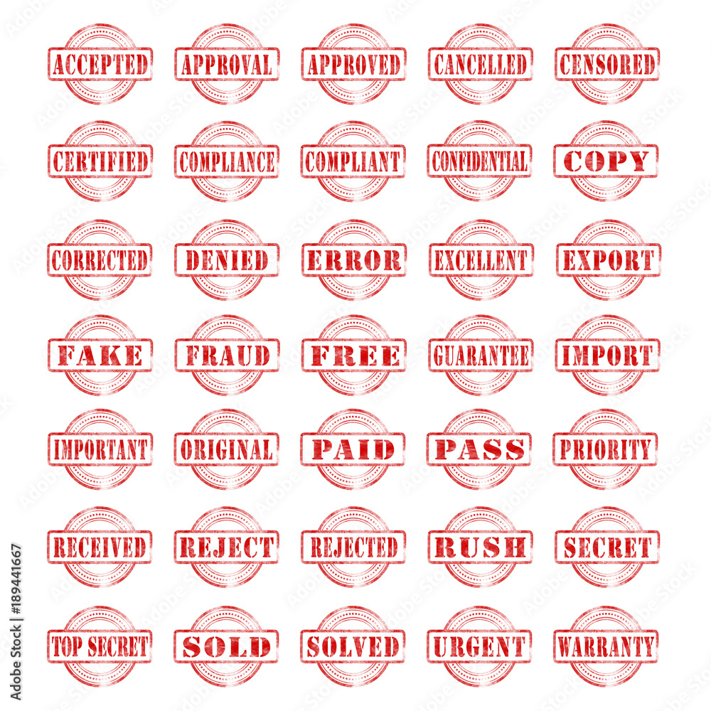 Fototapeta premium collection of red ink stamps isolated on a white background.