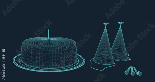 birthday cake, party hats and party horns illustration in hologram wire frame style 