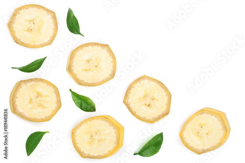 Banana slices with leaves isolated on a white background with copy space for your text. Flat lay, top view