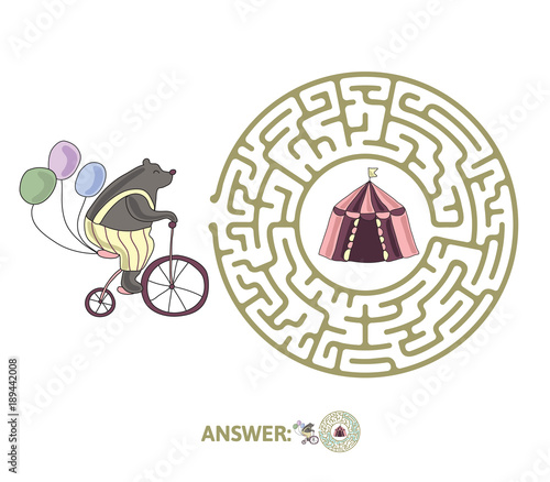 Children's maze with bear on a bike and circus tent. Cute puzzle game for kids, vector labyrinth illustration.