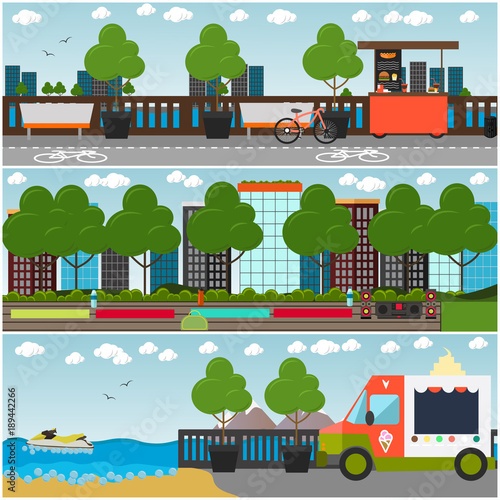 Training outside interior vector flat poster set