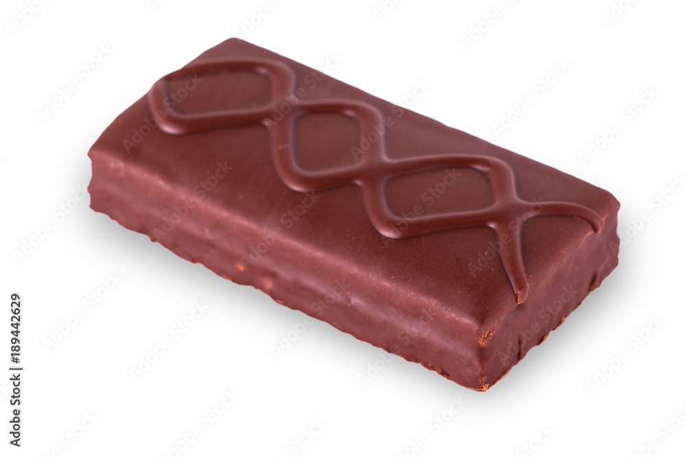 chocolate bar with biscuit & caramel on white background. chocolate bar with biscuit & caramel on white background.