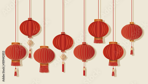 Happy Chinese new year. Festive red lanterns set on background.