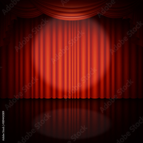 Spotlight on stage and red curtain. EPS 10 vector