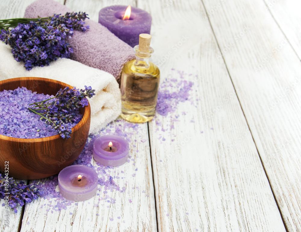 Spa products and lavender flowers Spa products and lavender flowers