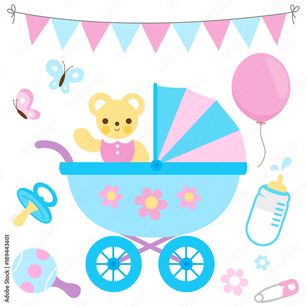 Baby stroller and accessories. Vector illustration Baby stroller and accessories. Vector illustration