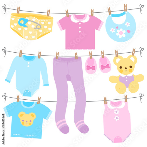 Baby clothes hanging on clothes line. Vector illustration