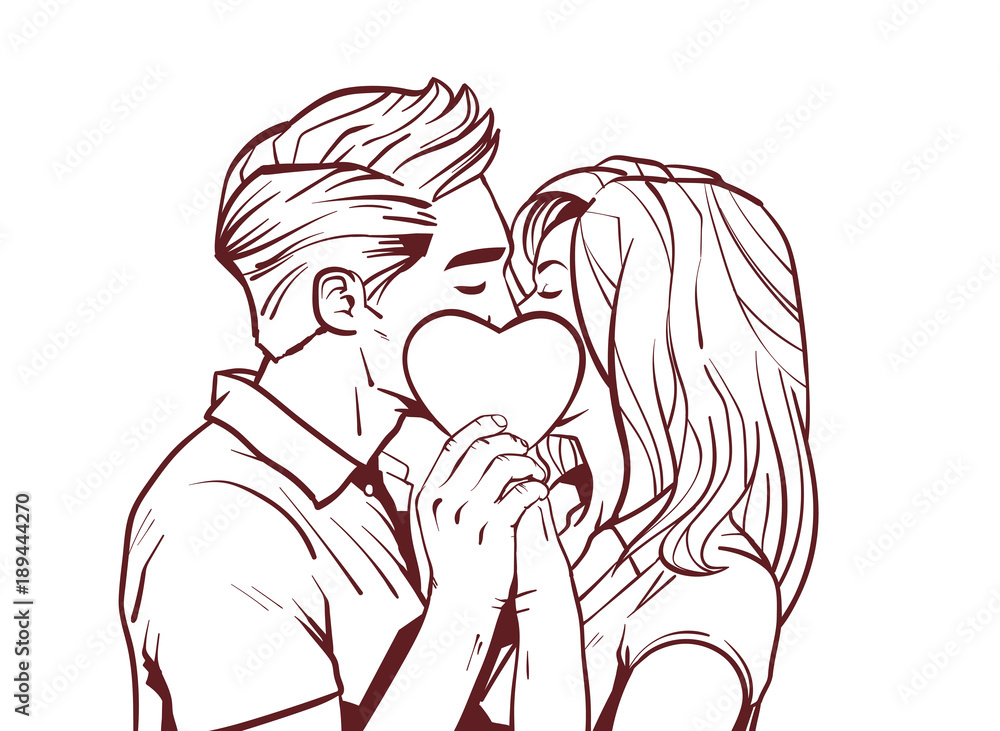Sketch Beautiful Couple Kiss Holding Heart Shape In Hands Over White Background Vector