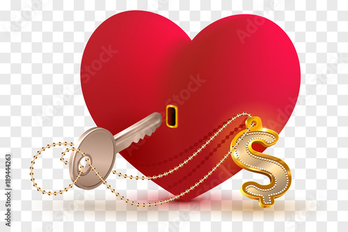 Money dollar is key to heart of your beloved. Red heart shape lock and key with key ring home