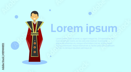 Asian Man In Traditional National Clothing Over Template Background With Copy Space Flat Vector Illustration