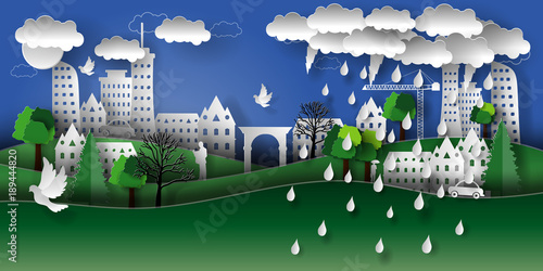 Illustration of a paper city with trees, houses, skyscrapers, rain and thunderstorm. The style of paper art.