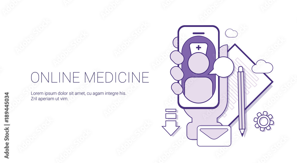 Online Medicine Medical Application Doctor Consultation Technology Concept Banner With Copy Space Thin Line Vector Illustration
