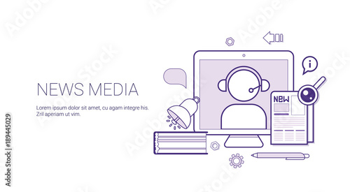 News Media And Press Concept Banner With Copy Space Thin Line Vector Illustration