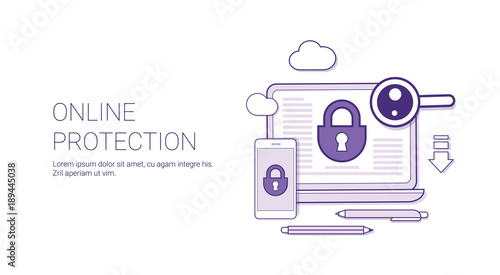 Online Protection Web Security Technology Concept Banner With Copy Space Thin Line Vector Illustration