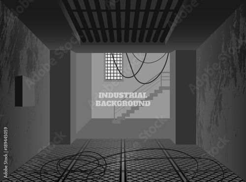 Industrial background. Dark factory in grunge style. Interior of broken workplace building. Vector illustration