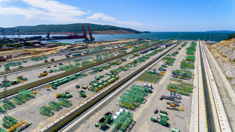 NAKHODKA, RUSSIA - CIRCA AUGUST, 2017: Coal terminals in the port of Nakhodka. It is the largest port in Russia, the main export goods in the port of Nakhodka are coal, oil, wood and metals