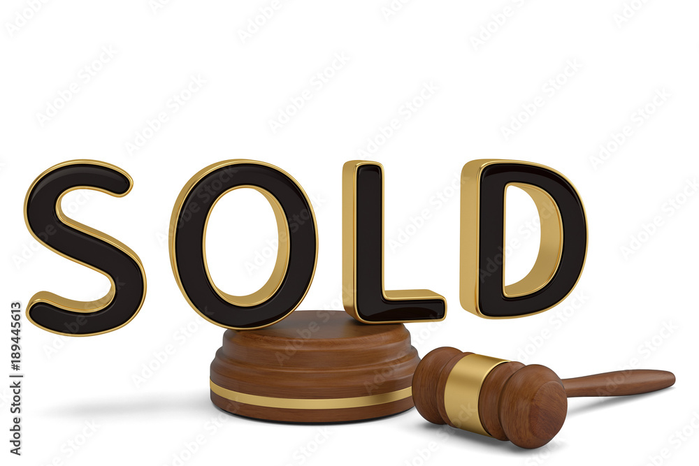 Sold word and auction hammer on white background.3D illustration. Sold word and auction hammer on white background.3D illustration.
