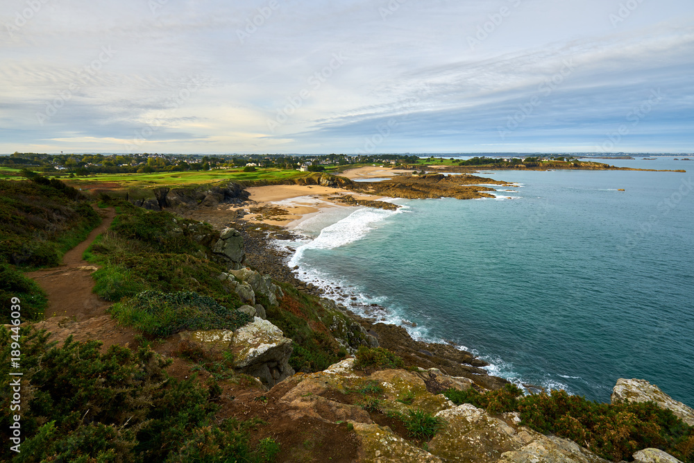 seaside of Pointe de la Garde Guérin and beautiful view on emerald coast, near Saint-briac sur mec , Brittany, France  