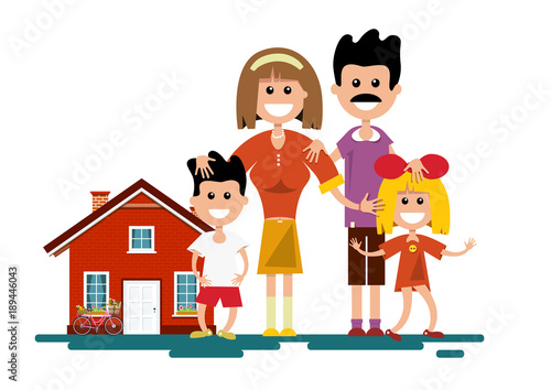 Family with House. Vector Isolated Illustration.