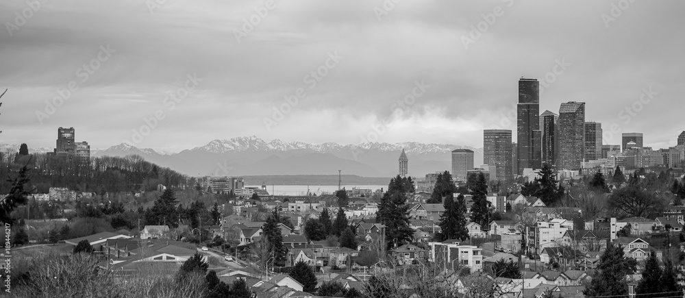 Winter Grey Skies Monochrome Seattle Washington Downtown City Skyline