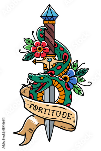 Vector tattoo dagger with green snake, flower, ribbon and lettering Fortitude. Snake wraps around old dagger. Old school