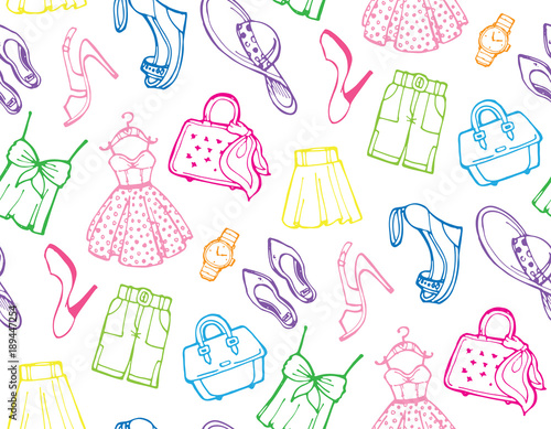Hand drawn doodle fashion pattern. Fashion set