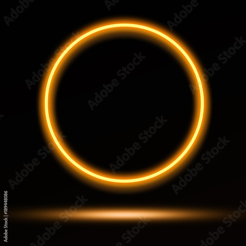 Gold neon glowing ring circle with a gold reflection background mockup design template