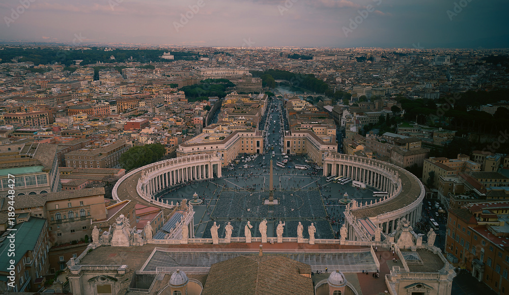 Top view of Vatican and Rome cityscape, sunset time  