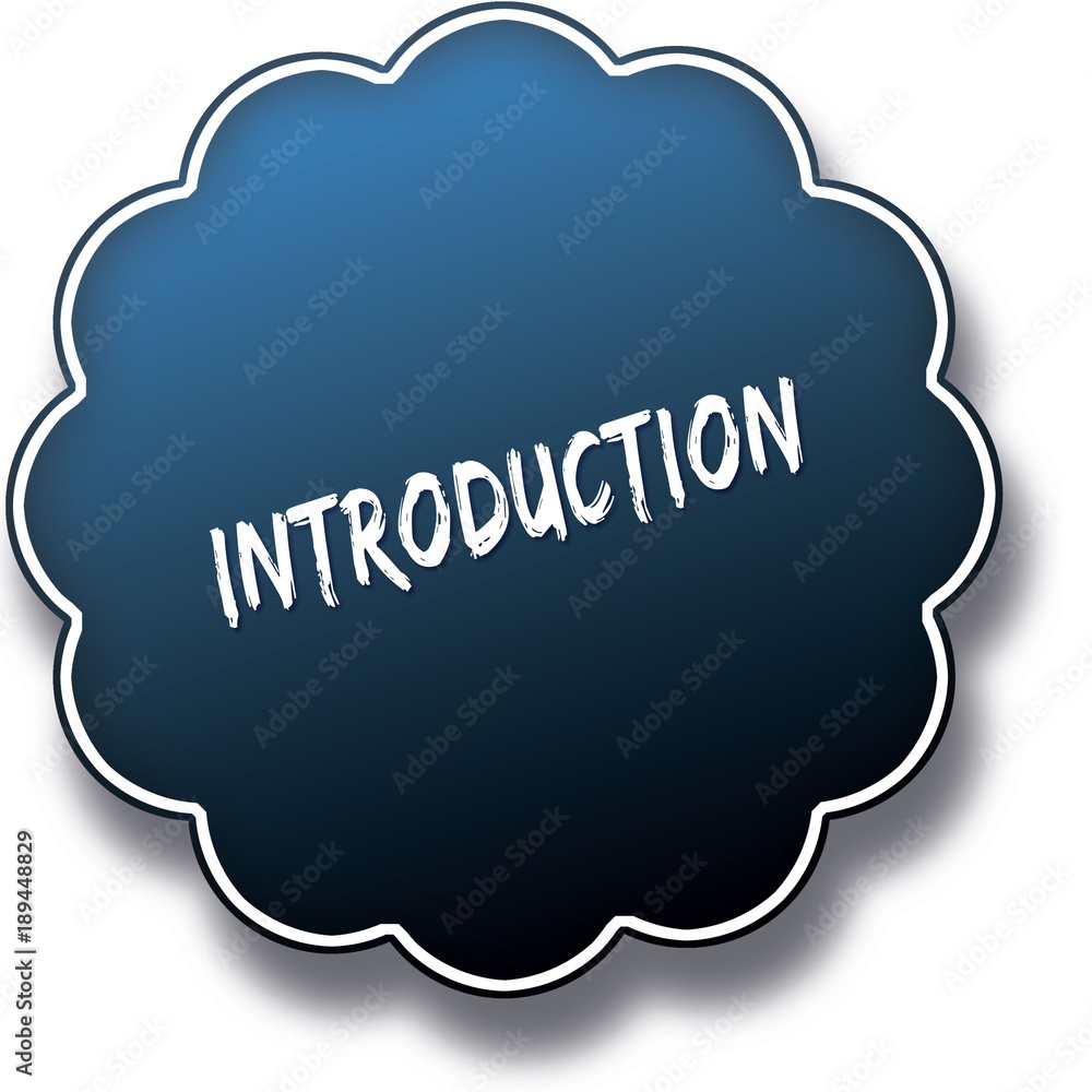 INTRODUCTION text written on blue round label badge. INTRODUCTION text written on blue round label badge.