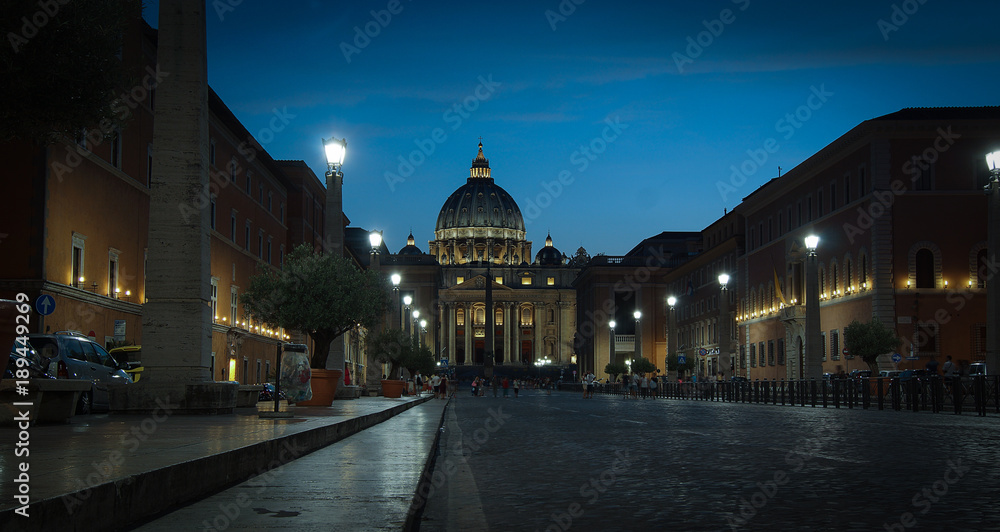 The view of St Peter Basilica in dusk, Rome, Vatican, Italy.