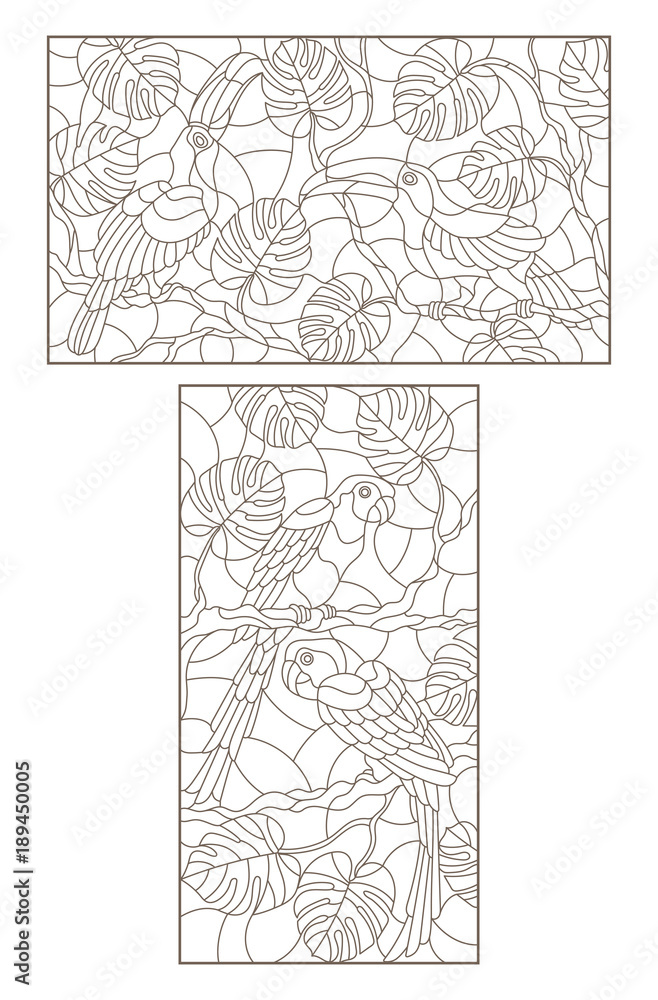 Set contour illustrations of the stained glass birds pair of parrots and a pair of toucans on a tree branch