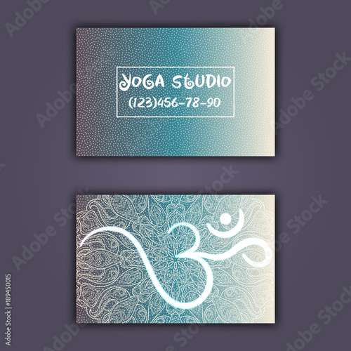 Business card for yoga studio or yoga instructor. Ethnic background with mandala ornament and ohm