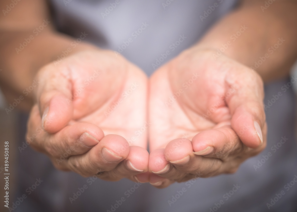 Charity donation concept with grandparent or old woman person's empty hands in asking or receiving gesture Charity donation concept with grandparent or old woman person's empty hands in asking or receiving gesture