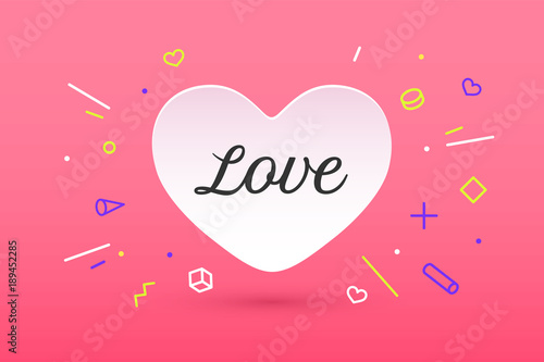 Icon of white paper heart with lettering Love for Valentine Day on pink background. Banner in memphis geometric style. Greeting card for Valentine Day. Hand drawn graphic design. Vector Illustration