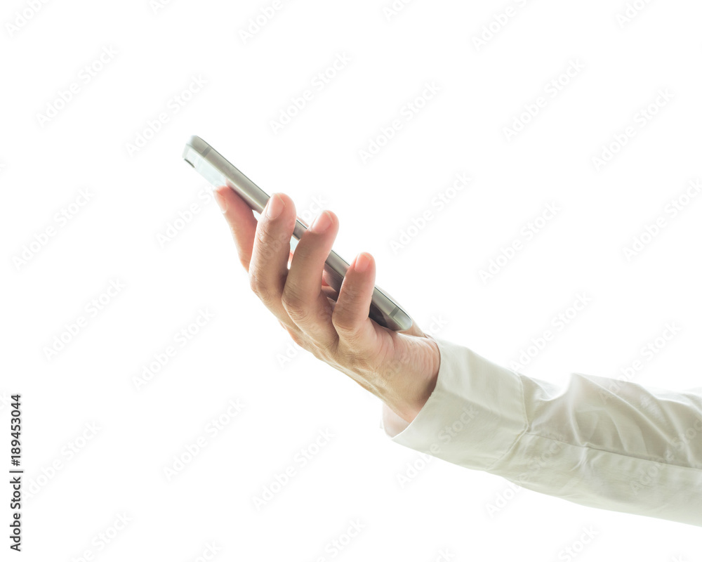 Business man's hands using smart phone device isolated on white background (clipping path) Business man's hands using smart phone device isolated on white background (clipping path)